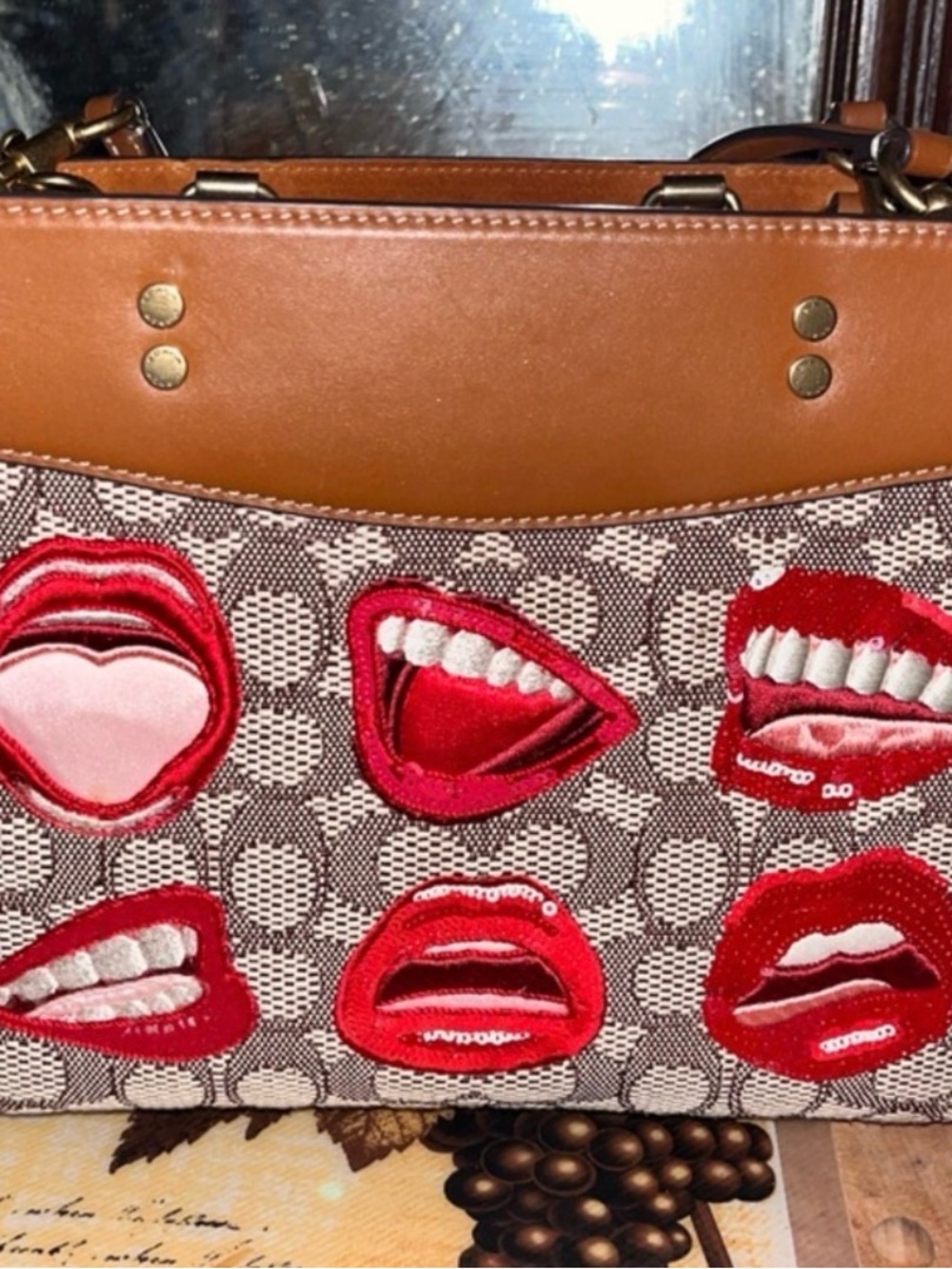 Designer-Coach Rogué 25 Brown Canvas Shoulder Bag with Red Lip Appliqué